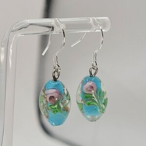 Vintage Venetian Wedding Cake Bead Earrings 925 Sterling Silver Hooks Sky Blue